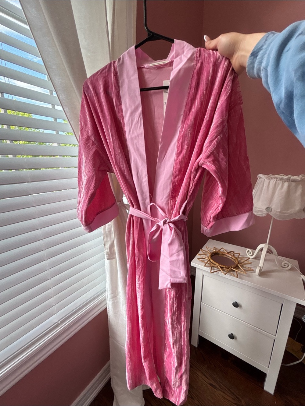 Urban Outfitters Pink Velvet Kimono Robe with Satin Trim